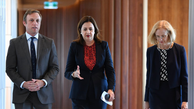 Queensland Health Minister Steven Miles, Premier Annastacia Palaszczuk and Chief Health Officer Dr Jeannette Young.