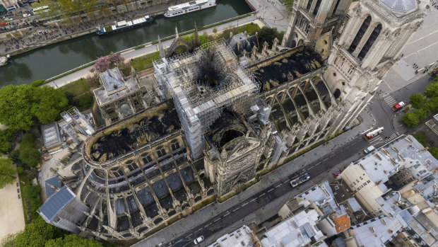 An aerial view of the fire damage to the cathedral.