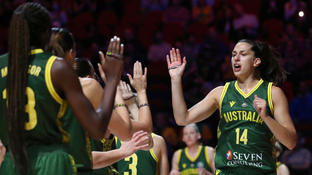 Marianna Tolo heads out on to court before the Opals’ clash with Mali.
