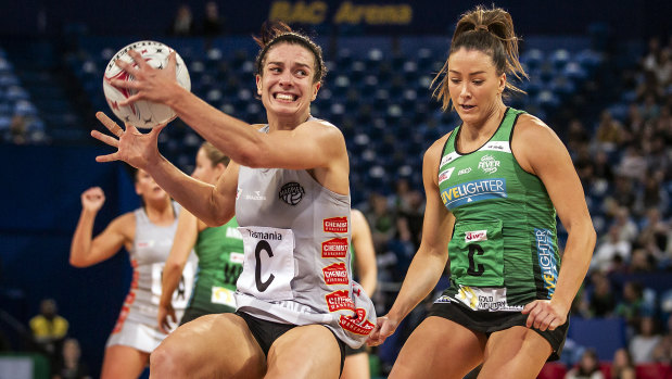 Magpie Ash Brazill (left) in action against West Coast Fever.
