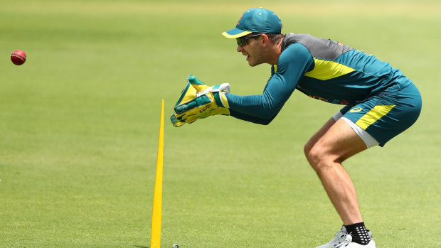 Tim Paine trains at the Gabba on Monday ahead of the first Test.