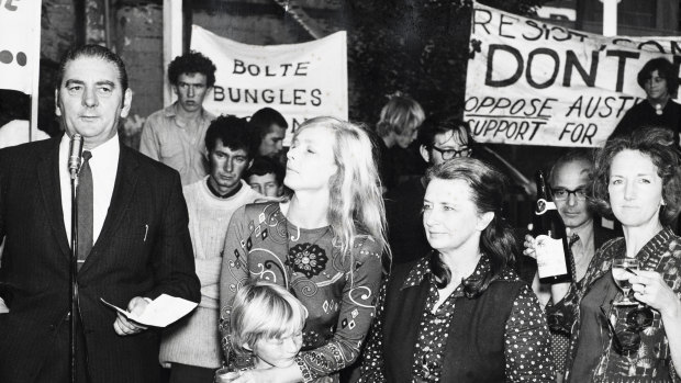 Jean McLean, (holding child), in April 1971, at a rally to celebrate her release from Fairlea prison in Fairfield. Pictured with union leader George Crawford, at the microphone, and fellow Fairlea Fivers Jo Maclaine-Cross and Joan Coxsedge. 