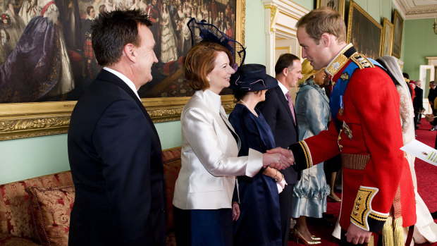 Former prime minister Julia Gillard wearing a hat by Cupid's Millinery at the wedding of Prince William at Kate Middleton in 2011.