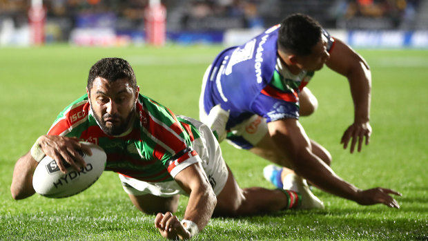 South Sydney's Alex Johnston marks his return to NRL action by scoring a try.