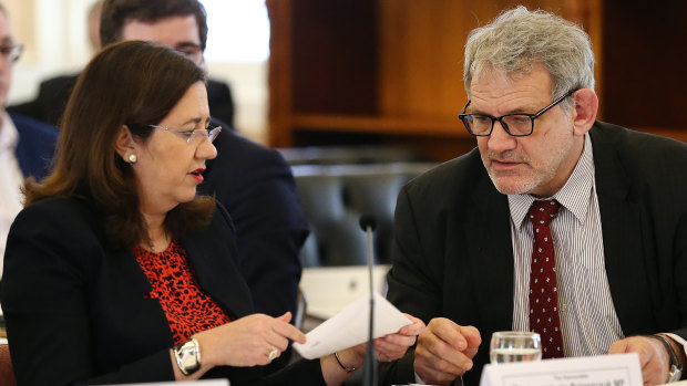 Premier Annastacia Palaszczuk with her chief of staff David Barbagallo during estimate hearings on July 23. 