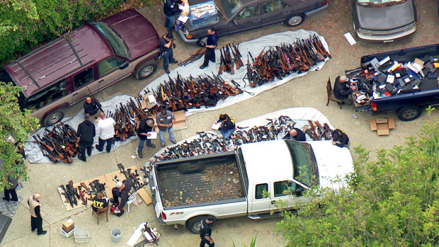 The large cache of weapons seized at a home in the affluent Holmby Hills area of Los Angeles.