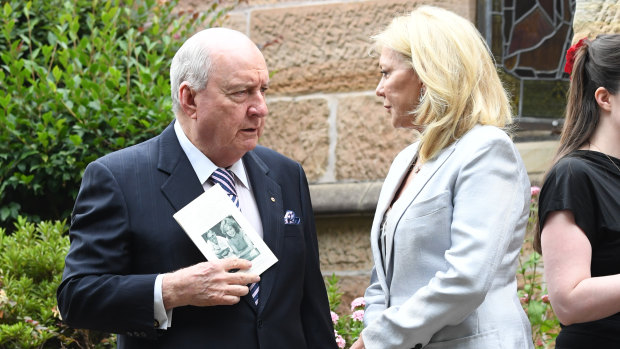 Alan Jones and Kerri-Anne Kennerley attend the funeral service for Caroline Laws at St Mark's Church in Sydney on Tuesday. 