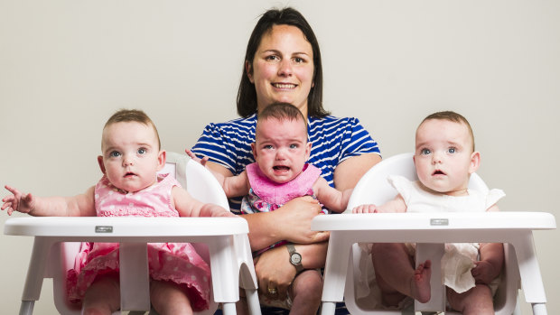 Emma Keen with her Identical triplets (From Left) Aleisha Keen, Maddilyn Keen, and Eloise Keen 7 months old. 