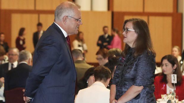 Prime Minister Scott Morrison and Sex Discrimination Commissioner Kate Jenkins during the International Women’s Day Parliamentary breakfast on Thursday.