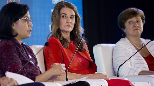 From left, Indonesia's Finance Minister Sri Mulyani Indrawati, Co-Chair of the Bill and Melinda Gates Foundation Melinda Gates and Chief Executive Officer of the World Bank Kristalina Georgieva attend a seminar ahead of the annual meetings of the IMF and World Bank in Bali, Indonesia last week.