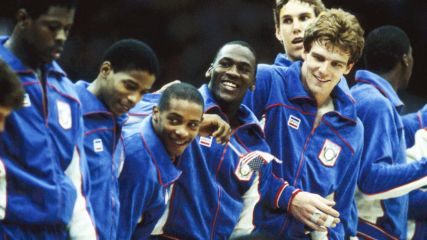 Michael Jordan and his US teammates celebrate Olympic gold in 1984.
