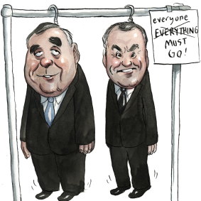 Former Myer boss Bernie Brookes and his chief financial officer Mark Ashby. Illustration: John Shakespeare