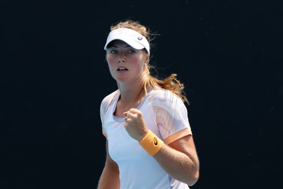 Olivia Gadecki celebrates during her first round win over Polina Kudermetova.