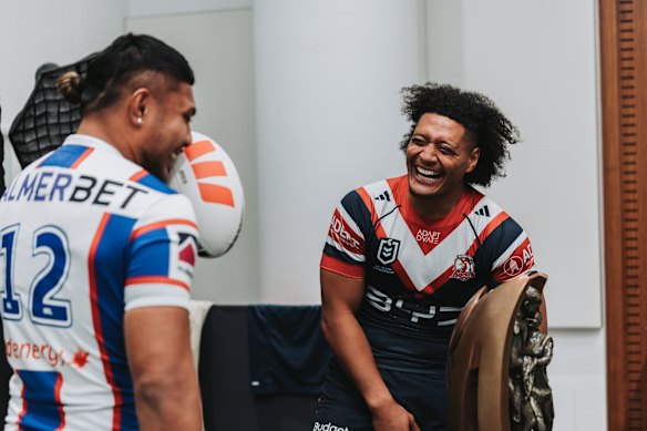 Newcastle’s Francis Manuleleua and the Roosters’ Naufahu Whyte share a laugh during the week. Pleasantries will be set aside on Sunday night.