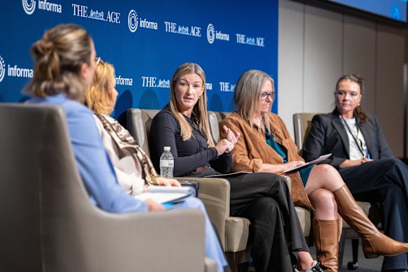 A panel of school principals speak about staff wellbeing, moderated by The Age reporter Alex Crowe.