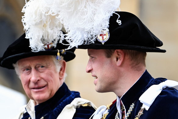 Prince Charles, Prince of Wales and Prince William, Duke of Cambridge depart in a carriage for their return journey to the Castle following the Order of the Garter Service at St. Georges’s Chapel, at Windsor Castle in Windsor, England. 