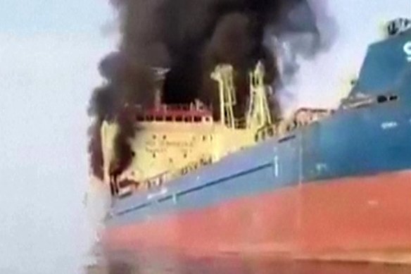 A Palau-flagged oil tanker ablaze off the coast of Oman on Sunday.