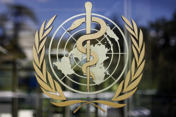 The logo of the World Health Organisation at its headquarters in Geneva, Switzerland. 
