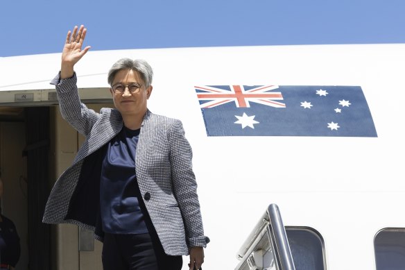 Minister for Foreign Affairs Penny Wong boarding a plane to meet her Chinese counterpart Wang Yi. 