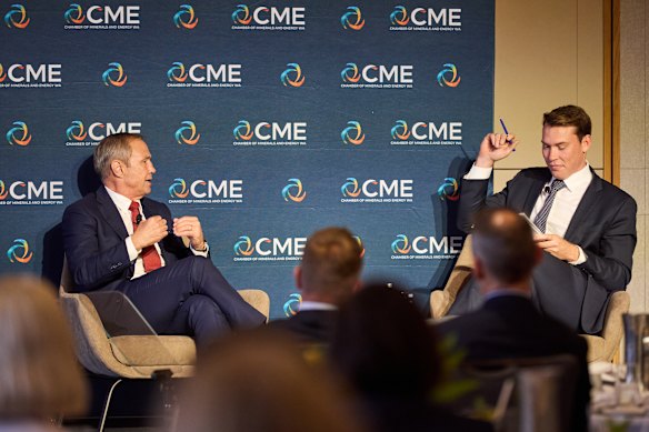 Premier Roger Cook and 9 News Perth’s Connor McGoverne at the Chamber of Minerals and Energy WA lunch.
