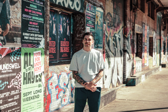 Fremantle artist Sam Bloor in front of the Elders Woolstores’ legendary ledge that attracts skaters from all over the world.