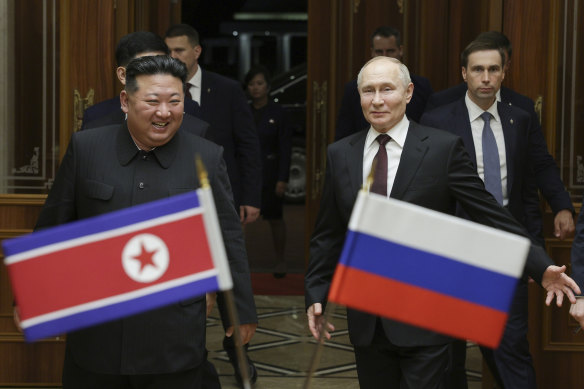 Russian President Vladimir Putin, right, and North Korea’s leader Kim Jong-un at the Pyongyang Sunan International Airport outside Pyongyang in June.