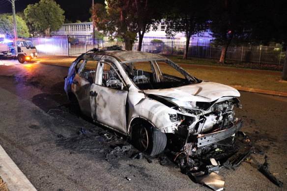 A grey Nissan X-Trail crashed into a parked white Toyota Corolla in Tuart Hill on Wednesday evening, sparking a fire which engulfed the Corolla.