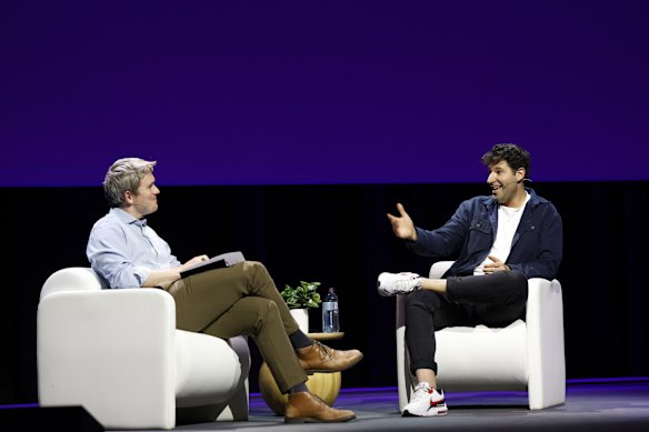 Canva co founder  Cliff Obrecht in conversation with Stripe’s co-founder and president, John Collison, at the payment company’s  ‘Stripe Tour’ showcase at the ICC in Sydney on Wednesday.
Supplied 19th August 2026