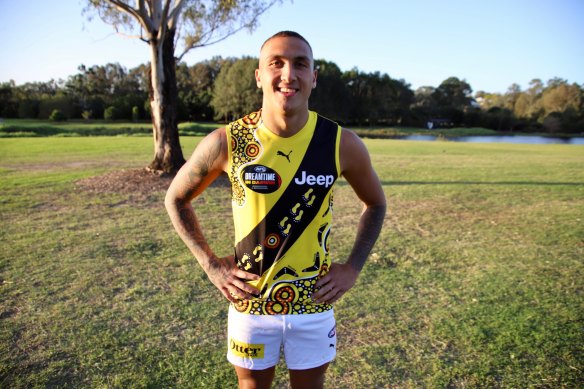 Shai Bolton in the Dreamtime jersey he designed with his family.