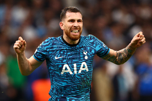 Pierre-Emile Højbjerg celebrates the last-gasp goal which secured top spot for Tottenham in Champions League Group D.