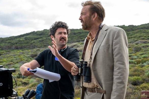 Director Lorcan Finnegan with Nicolas Cage on the set of The Surfer in Yallingup.