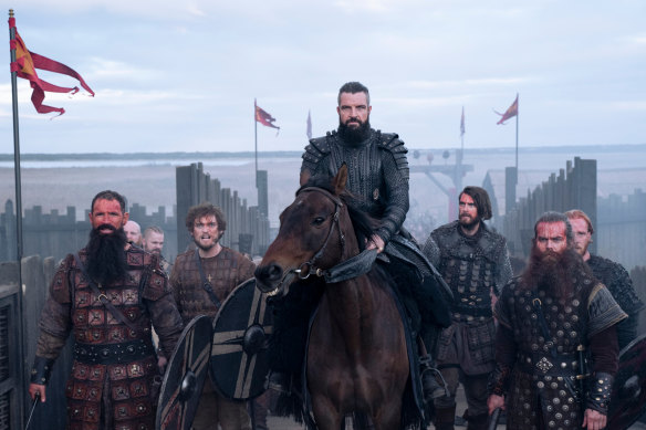 Bradley Freegard (centre) as Canute in the bloody and action-packed sequel Vikings: Valhalla.
