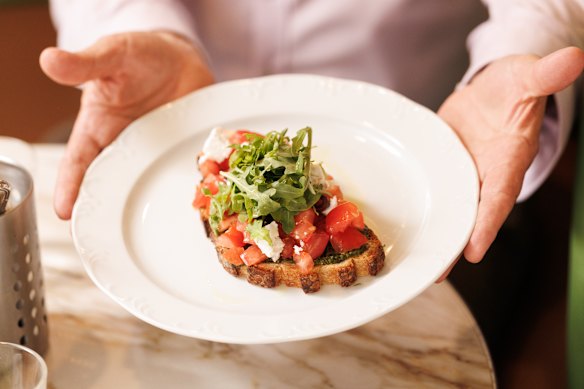 Bruschetta: Tomato, basil pesto, olives, feta and toasted sourdough.