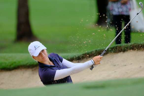 Steph Kyriarou plays out of a bunker on her way to  victory in the Australian Ladies Classic at Bonville on Sunday