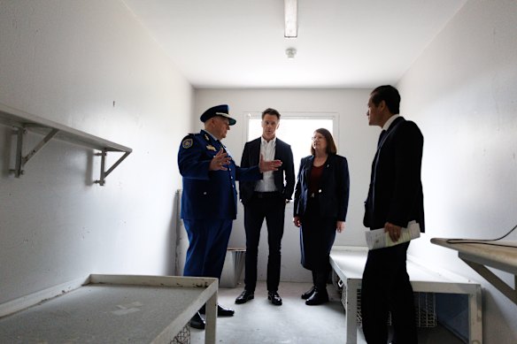 Corrective Services commissioner Gary McCahon briefs Premier Chris Minns, Parramatta MP Donna Davis and Minister for Corrections Anoulack Chanthivong during Monday’s tour of the facility.