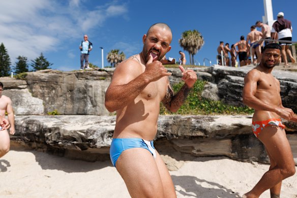 Feeling better: Cronulla Shark Braydon Trindall (left) during an ocean pool recovery session.