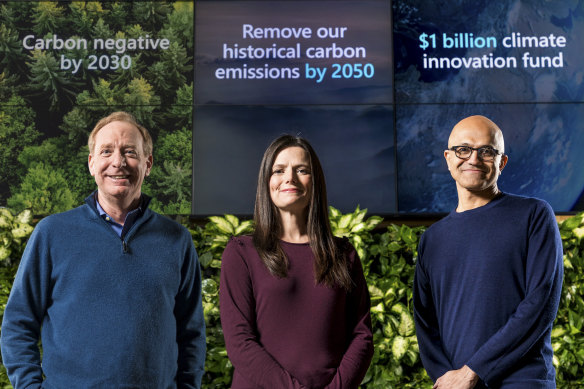 Microsoft president Brad Smith, chief financial officer Amy Hood and CEO Satya Nadella.