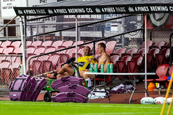 Queensland captain Daly Cherry-Evans and Origin I referee Ashley Klein chat at Brookvale recently.
