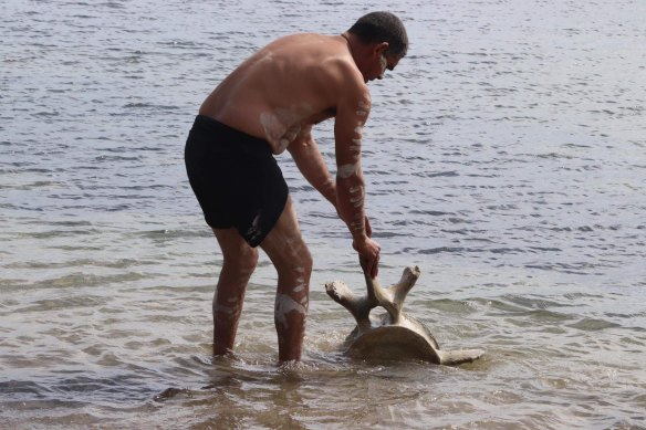 Gunditjmara man Shea Rotumah washes a whale bone, declaring “the water remembers the whale, and every fibre of the bone’s marrow remembers the sea - they’re connected”.