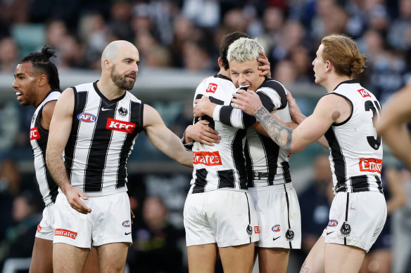 Jack Ginnivan celebrates a goal with teammates on Sunday.