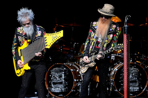 Elwood Francis (left) and Billy Gibbons of ZZ Top perform on stage at Margaret Court Arena on May 7.