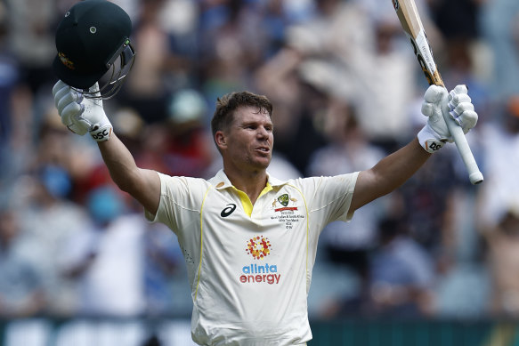 David Warner celebrates his double century during the Boxing Day Test.