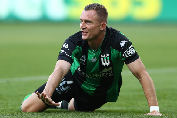Western United’s Besart Berisha  reacts after a shot on goal during the win over Melbourne City.