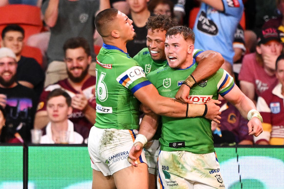 The Raiders rejoice after a Hudson Young try.