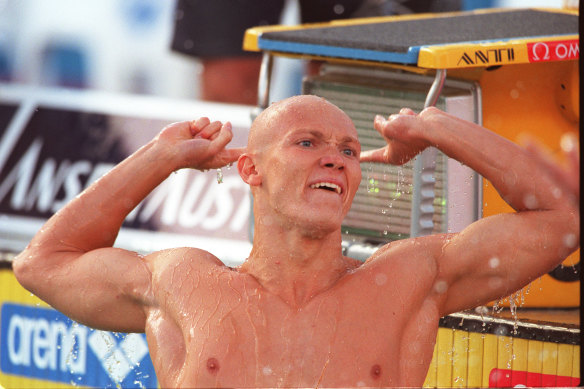 Michael Klim after winning the 100m butterfly at the 1998 World Championships in Perth. He also broke the world record at the meet.