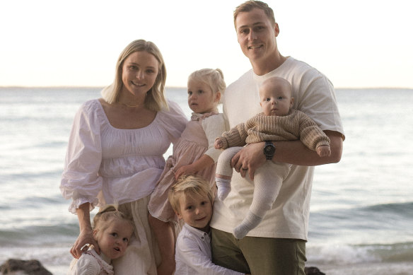 Jervis Bay mum Claudia Curac and husband Corey with their children, Ziggy, 18 months, twins Atlas and Ella, 3, and Flynn, 5.  
