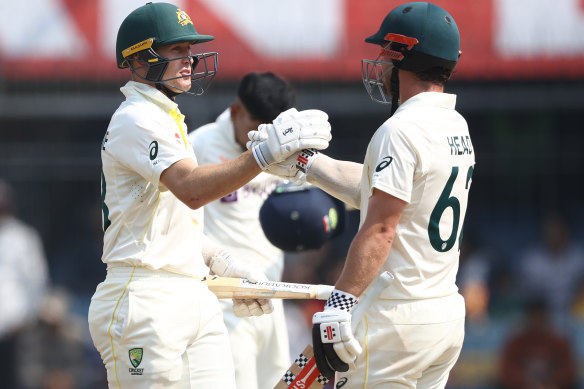 Marnus Labuschagne and Travis Head after guiding Australia to victory in the third Test.