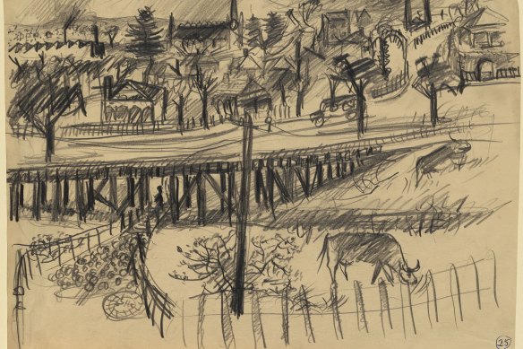 Arthur Boyd’s sketch of a flood bridge.
