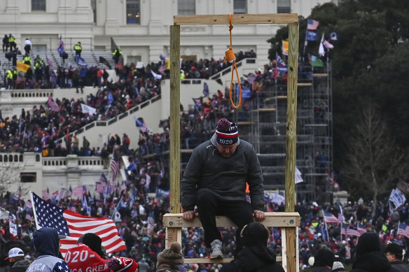 A makeshift gallows with a noose was erected outside the Capitol on January 6 when Donald Trump supporters chanted “Hang Mike Pence”.