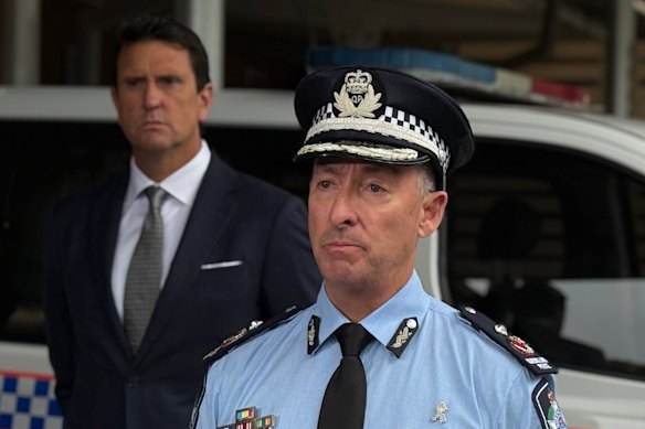Acting Deputy Commissioner Rhys Wildman spoke alongside three LNP ministers, including Police Minister Dan Purdie.